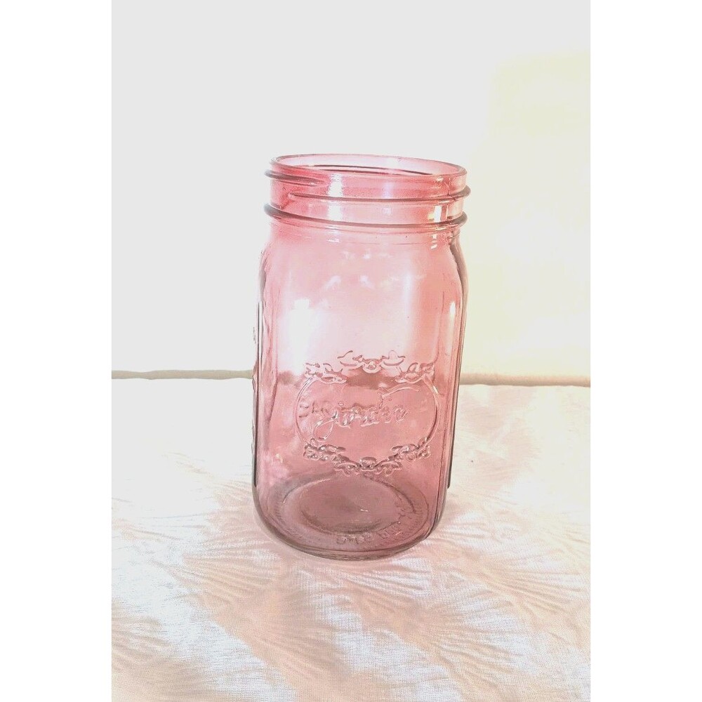 Vtg Jardin Pink Glass Mason Jar 24 oz EST 1946 Decorative Vase Not Food Safe